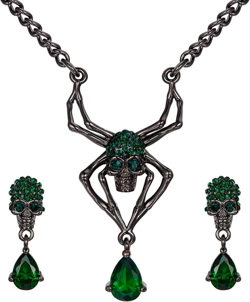 EVER FAITH Halloween Jewelry Set Vintage Gothic Spider Skull Round Crystal Pendant Necklace Drop Earrings Set for Women...