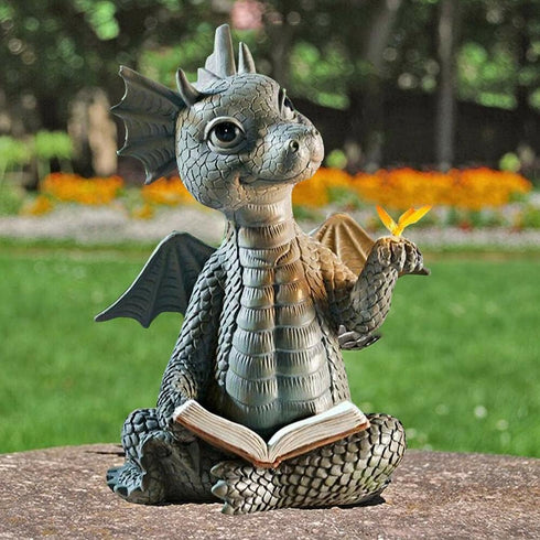 Baby Dragon Reading Book Statue, 5.9-Inch Tall Cute Dinosaur Holding Butterfly Figurines Art Resin Sculpture Outdoor Garden Decor Home Desk Orname...