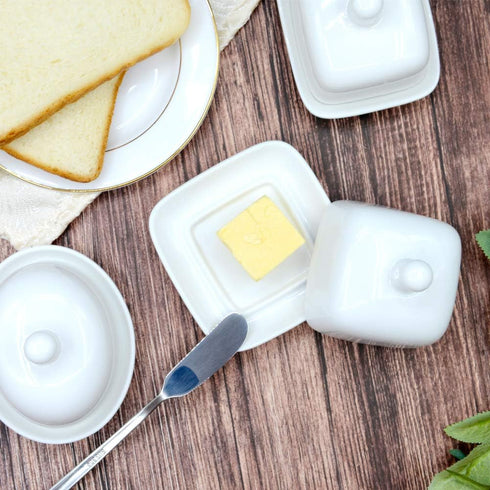 NAGU Mini Square Butter Dish with Lid, White Procelain Domed Cheese Dish with Handle Individual Serving Small Butter Tray, Cute Ceramic Dessert Se...