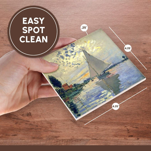 3dRose CST_203678_3 Print of Monet Painting Sailboat at Le Petit Ceramic Tile Coasters, (Set of 4)...