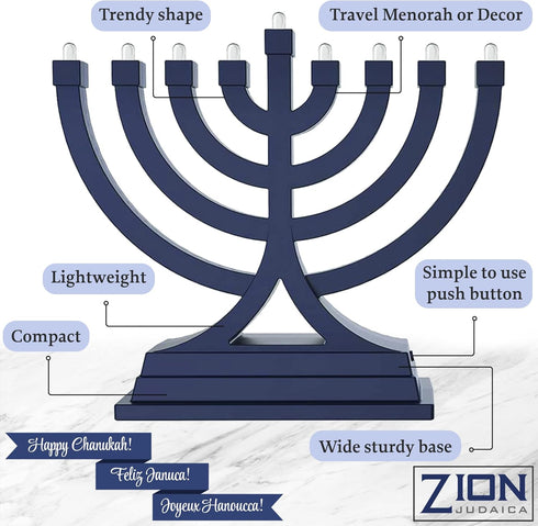Zion Judaica Mini LED Hanukkah Menorah Battery or USB Operated - Multiple Light Settings On The Go Hanukkiah for Chanukah Decorations (Blue)...