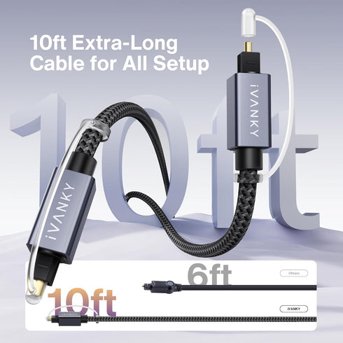 IVANKY Optical Audio Cable 10ft/3M, Long Digital Audio Optical Cable for Soundbar, S/PDIF Toslink Fiber Optic Cord [Braided, Gold-Plated Connector...
