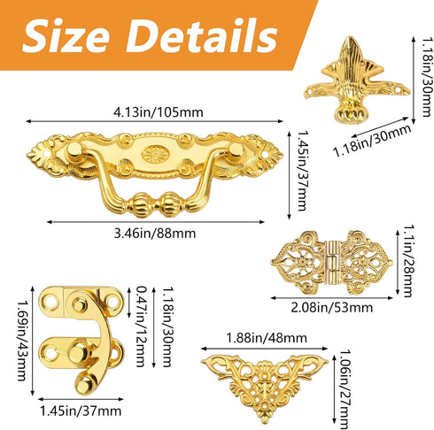 Gold Jewelry Box Antique Lock Latch Hasp Hinges Handle Box Corner Protectors Kit for DIY Jewelry Box, Wood Case Jewelry Chest Storage Box Feet Leg...