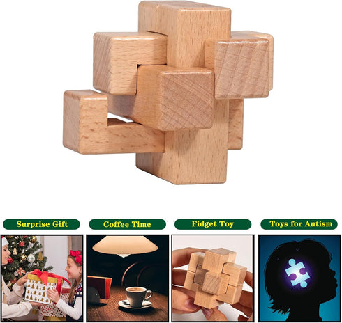 12 Steps 3D Beech Wood Challenge Wooden Brain Teaser Puzzles Toys Love's Dozen Puzzle Unique Fidget Games Mini Size IQ Educational Assembly and Di...