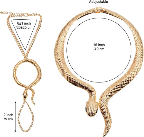 Hicarer Gold Snake Necklace Bracelet Set Adjustable Snake Choker Necklace Hand Chain Bracelet Finger Ring with Black Eyes Vintage Jewelry Set for ...