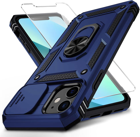 for iPhone 12 Mini Case with Slide Lens Cover, HD Screen Protector, Military Grade Drop Protection, Magnetic Rotated Ring Holder Kickstand Phone C...