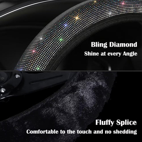 Bling Fluffy Steering Wheel Cover for Women Girls, Rhinestone Diamond Sparkling Fur Steering Wheel Protector Elastic Steering Wheel Covers Winter ...