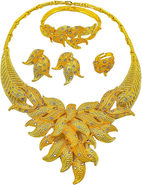 24k Gold Necklace African Jewelry Set Dubai Gold Bracelet Earrings Ring Accessories Bridal Jewelry Set for Women Wedding Gift...