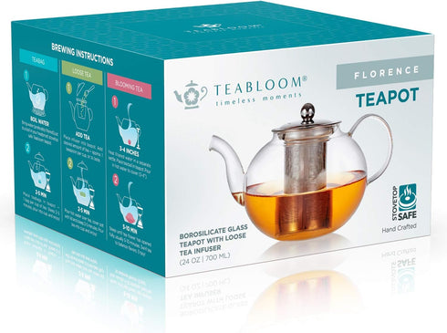 Teabloom Florence Glass Teapot – Heatproof Glass with Removable Stainless Infuser – Stovetop Safe – Tea for One or Two – 24 oz / 700 ml (2-3 Cups)...