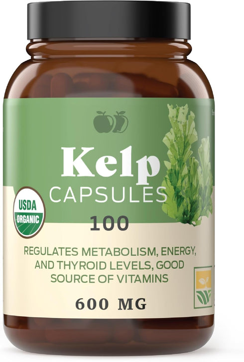 Raw Sea Kelp Powder Supplement - 600mg Capsules 100 Pills Powdered Raw Seaweed & Thyroid Support Supplement...