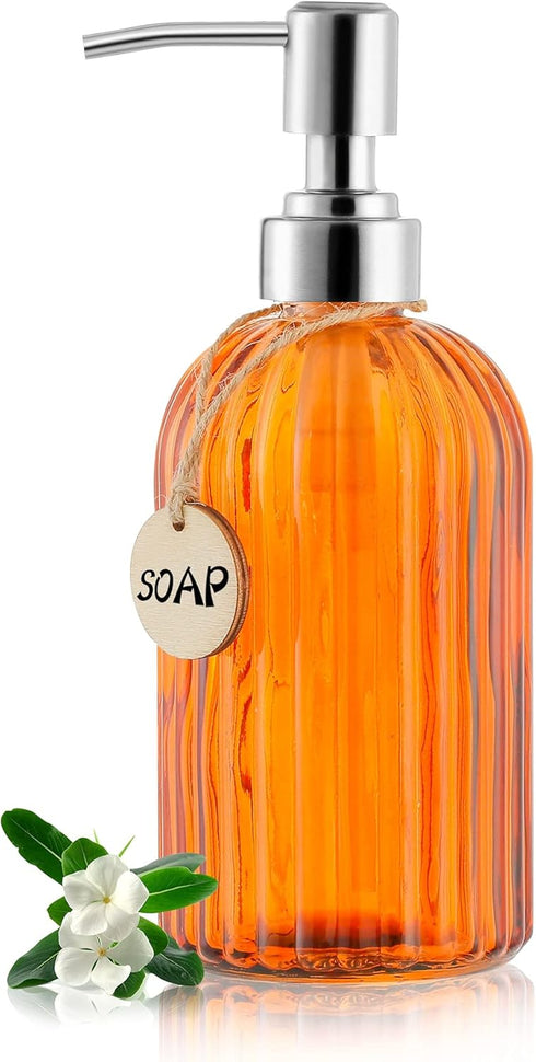 16 OZ Soap Dispenser?Tempered Glass Clear Vertical Stripe with 304 Rust Proof Stainless Steel Pump Refillable Liquid Hand Soap Dispenser?for Bathr...