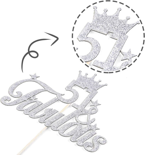 Silver Glitter 51 & Fabulous Cake Topper - 51st Birthday Cake Decorating - Happy 51st Anniversary/Birthday Party Decoration Supplies...