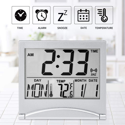 Digital Travel Alarm Clock Battery Operated, Portable Large Number Display Alarm Clock with Temperature,12/24 H Small Desk Clock -Silver (NO Light...
