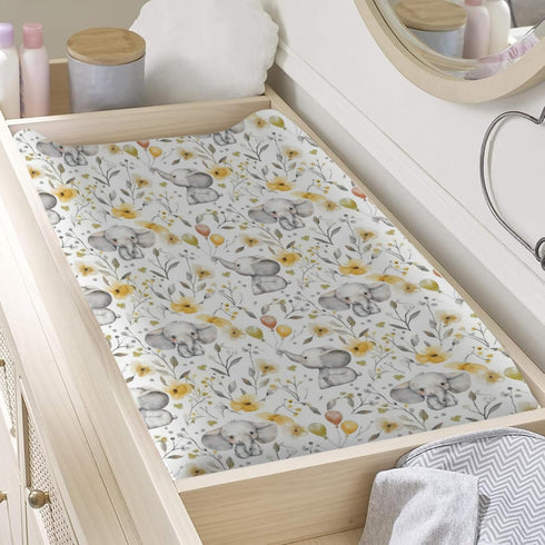 Elephants Flowers Changing Pad Cover, Woodland Elephants Flowers Floral Prints Baby Nursery Diaper Changing Table Pad Cover, Unisex Elephants Patt...