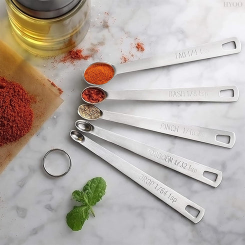 5 Pcs Mini Measuring Spoons Set - Stackable Design, 1/4, 1/8, 1/16, 1/32, 1/64 TSP Sizes, Flat Handle Metal Measuring Spoons Made of Durable Stain...