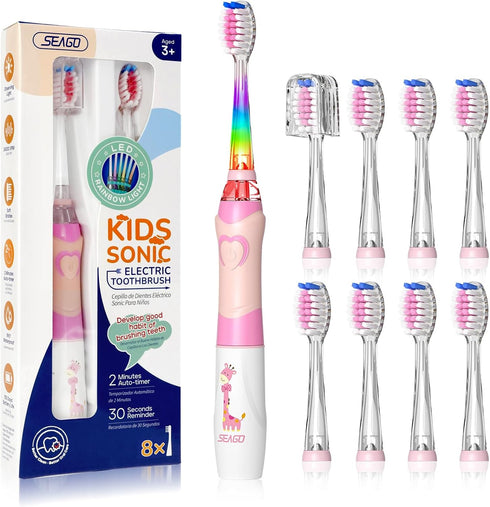 SEAGO Kids Electric Toothbrush with 2 Mins Brushing Timer and 8 Replacement Bursh Heads,Rainbow LED Light Make Brushing Fun, Pink Color Girls Batt...
