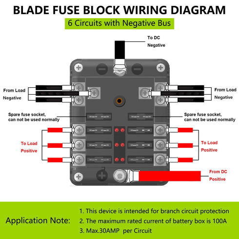 6 Way Fuse Block W/Negative Bus - ATC/ATO 6 Circuit Fuse Box with Ground, with Negative Bus & Protection Cover, Bolt Connect Terminals, 70 pcs Sti...