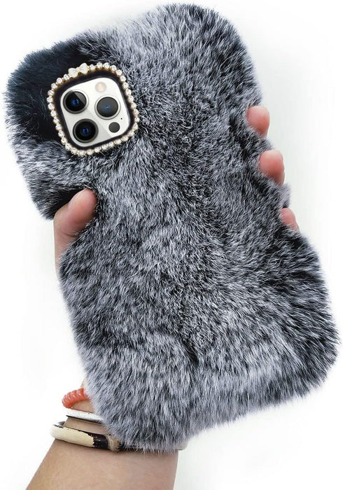 Losin Compatible with iPhone 15 Pro Case Cute Plush Case with Glitter Lanyard Strap Bling Diamond Camera Lens Protector Soft Winter Warm Plush Flu...