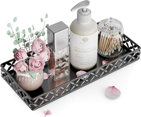 EKNITEY Vanity Tray for Bathroom Counter - Small Rectangle Decorative Tray 11 Inch Black Batroom Countertop Tray Organizer for Perfume Makeup Cosm...