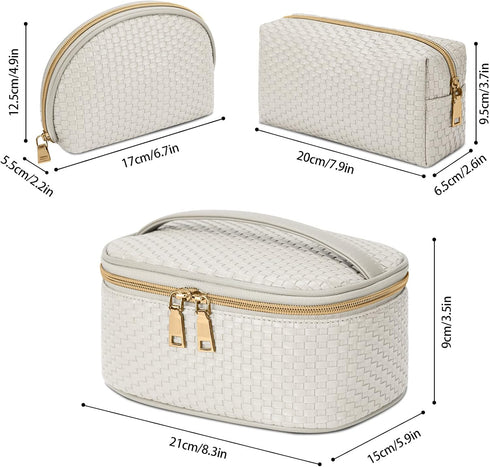KTMOUW Makeup Bag 3 Pcs Waterproof Cosmetic Bag Set Portable Travel Cosmetic Bag Multifunction Organizer Storage Bag Weave Toiletry Bag for Women,...
