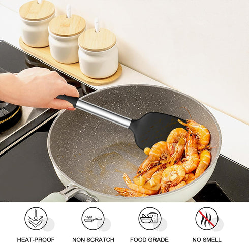 P&P CHEF Black Cooking Utensil Set of 3, Silicone Kitchen Utensils, Slotted & Solid Spatula Turners for Flipping Stir-Frying, Nonstick & Heat Proo...