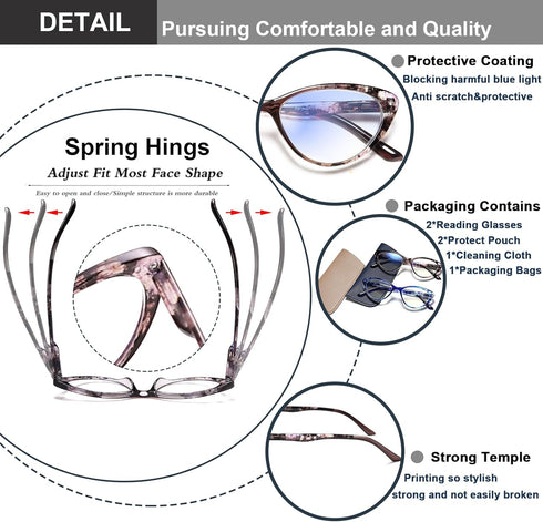 EYEURL Cat Eye Reading Glasses for Women 2 Pair Blue Light Blocking Readers 1.75 Comfort Spring Hinge Lightweight Eyeglasses Anti Glare for Ladies...