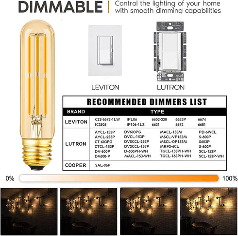 Dimmable E26 Edison Bulb 6W Equal 60 watt Light Bulb AC120V Warm White 2700K Amber Glass Edison Light Bulbs 60 Watt 600LM Tubular T10 led Bulb for...