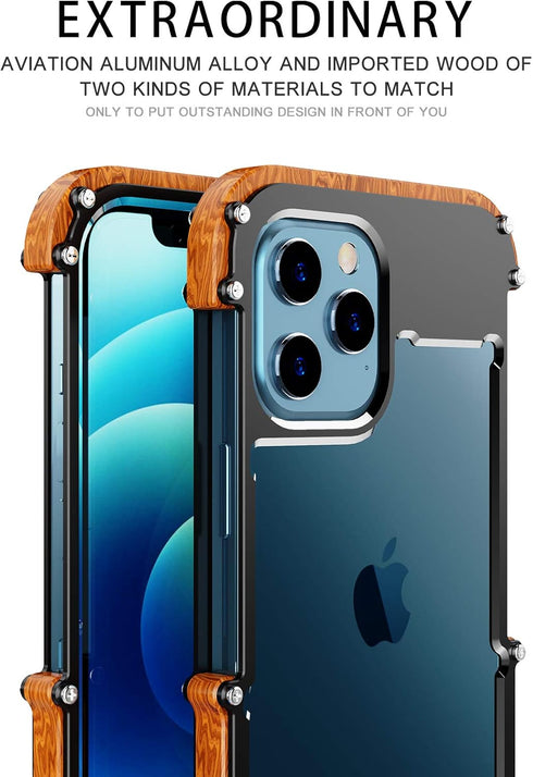 Kowauri Case for iPhone 12 Pro Max,Drop Protection Aluminum Metal Wood Bumper Frame Cover Shockproof Dropproof Protective Case for iPhone 12 Pro M...
