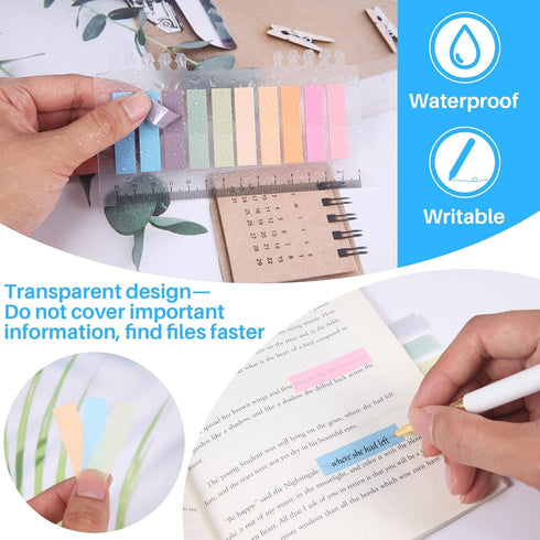 Sticky Tabs with Ruler,moinkerin 200 Pieces Transparent Sticky Notes Book Tabs PET Multicolor for Bookmarks,Studying,Office,School Planner Memo...