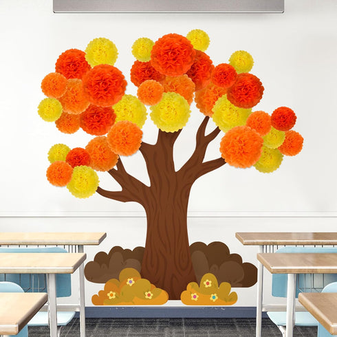 3D Fall Bulletin Board Decorations Set Fall Theme Classroom Decor with Paper Pom Poms Tree Design Wall Decals Autumn Bulletin Board Paper for Teac...