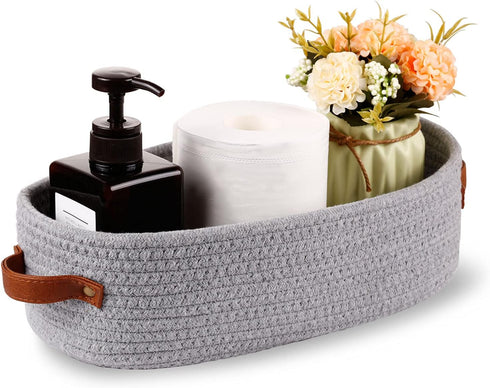 Cotton Rope Small Woven Toilet Paper Room Storage Basket with Handles for Bathroom, 13"x5.9"x4" Gary...