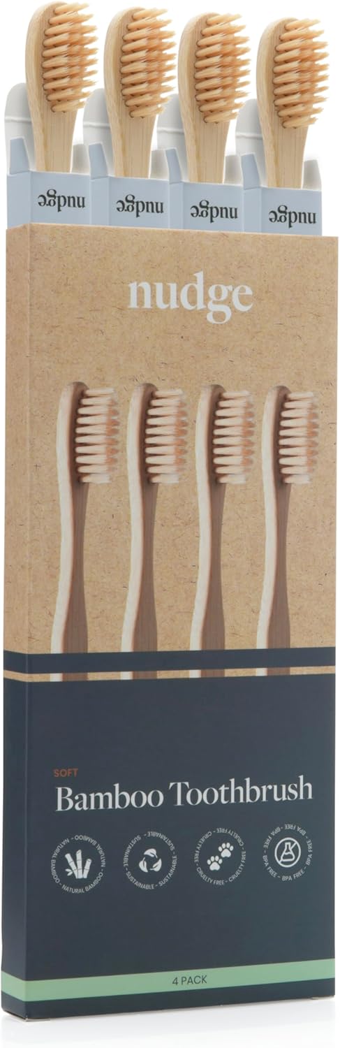 Nudge - Natural Bamboo Toothbrushes with Bamboo Bristles, Soft Bristles Toothbrush, Biodegradable, Eco-Friendly, Sustainable Material, BPA Free (P...
