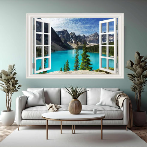 Fake Window for Walls Decal Faux Windows Poster Picture Open Landscape Wall Art Decor, Stick and Peel Wallpaper Natural Scenery Wall Decol Mountai...