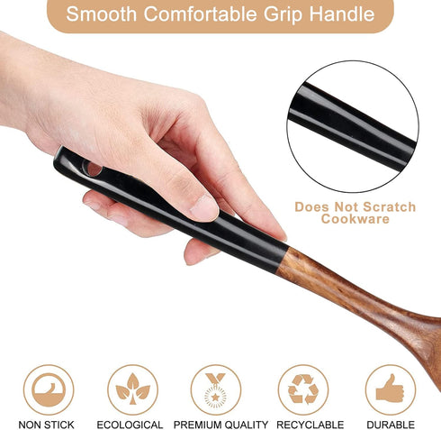 2 Pcs Best Wooden Spatula Set for Cooking Kitchen Slotted Turner Spatula Flat Wood Wok Spatula Non Stick Cooking Utensils for Frying Mixing Teak F...