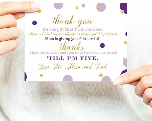 Paper Clever Party Purple and Gold Baby Shower Thank You Cards with Envelopes - Blank Notes with Prefilled Message - Personalize for Girls Gifts -...