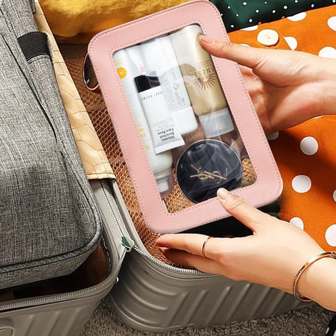 Clear Makeup Bag Organizer, TSA Approved Portable Travel Toiletry Bag Multipurpose Cosmetic Bag Case for Women Vegan Leather Make Up Pouch Transpa...