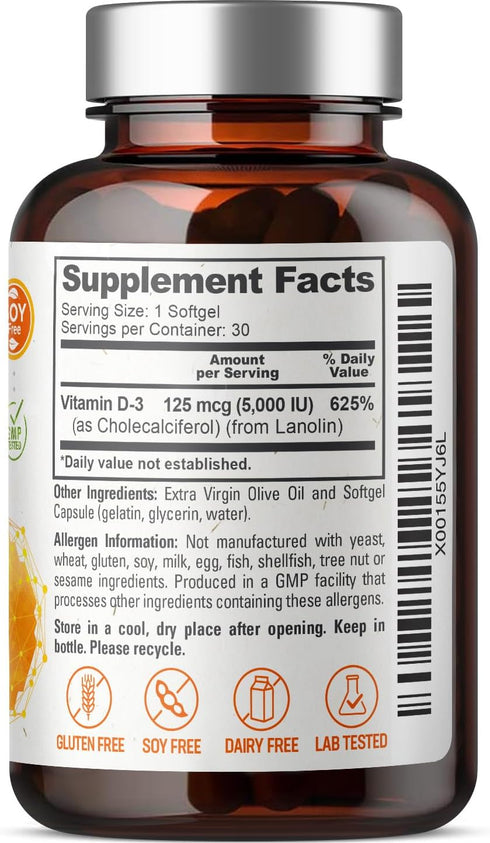 biophix Vitamin D-3 5000 IU 30 Softgels - High-Potency in Extra Virgin Olive Oil, Non-GMO, Soy-Free, Supports Bone, Immune Health and K2...