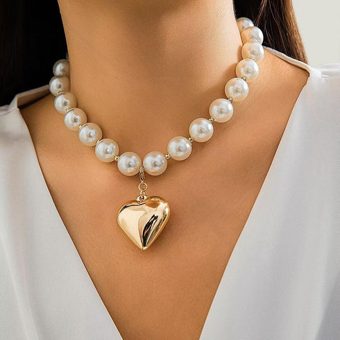 Y2k Love Heart Pendant Necklaces For Women Girls Chunky Imitation Pearl Beads Choker Necklaces Boho Fashion Jewelry Gift...
