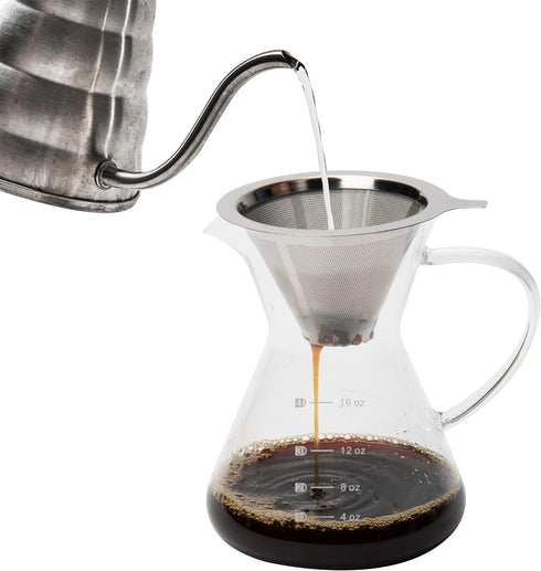 Mind Reader Pour Over Coffee Maker, Single Serve, Reusable Stainless Steel Filter, Glass, 4.76" L x 5.98" W x 6.3" H, Clear...
