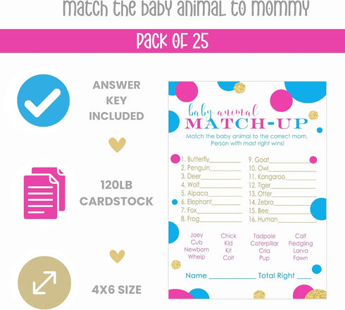 Baby Shower Animal Matching Games - 25 Pack - Fun Guessing Gender Neutral Party Game Cards - Boy or Girl Favors, Pink and Blue, 4x6...