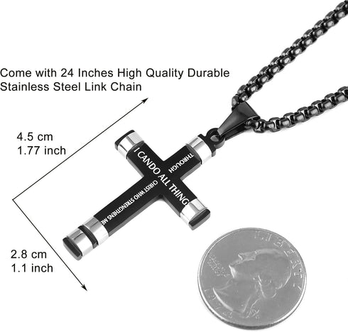HZMAN Philippians 4:13 Cross Pendant STRENGTH Bible Verse Stainless Steel Necklace 3 Colors Available...