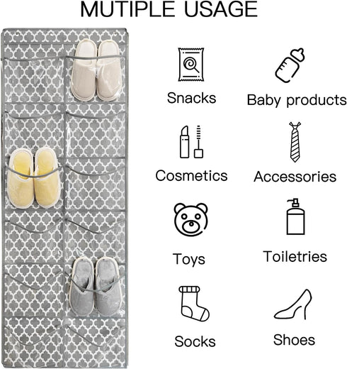 Clear Crystal 2 Pack 12Pockets Large Hanging Shoe Organizer Over The Door Shoe Rack for Closet Door Storage Shoe Holder Hanger, 8Hooks, White (59'...