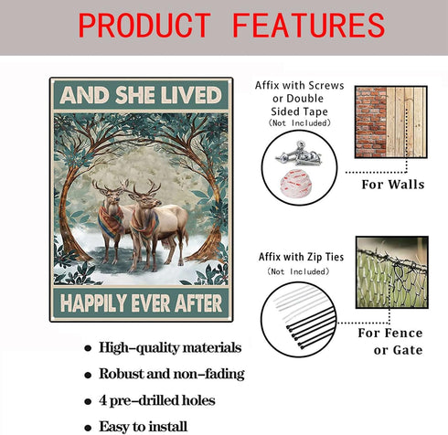 YLUYINOM Tin Sign Painting Two Elk And She Lived Happily Ever After Metal Tin Sign Farmhouse Yard Garden Man Cave Coffee Bar Decor 6X8 inch-Tin Pa...