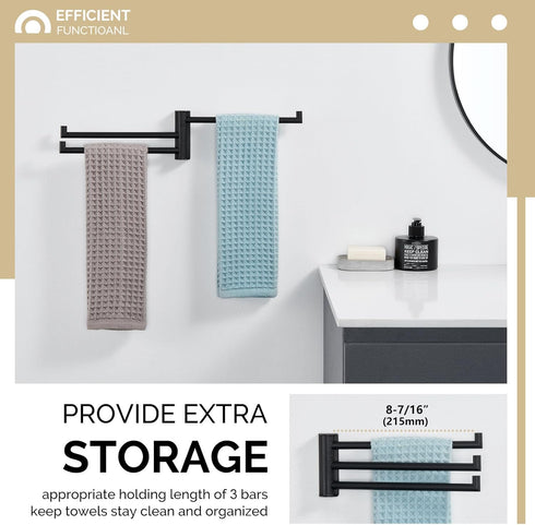 Swivel Hand Towel Holder 3 Bars, Angle Simple 304 Stainless Steel Hand Towel Rack, Folding Bathroom Towel Hanger Wall Mount, Matte Black...