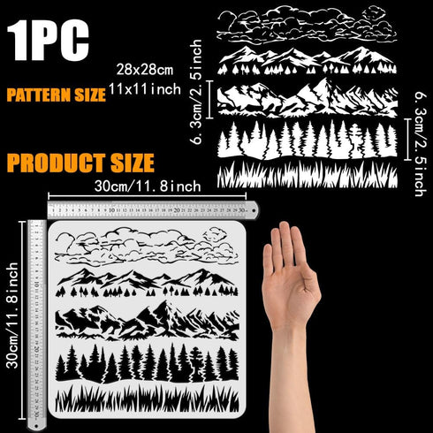 FINGERINSPIRE Natural Scenery Border Painting Stencil 11.8x11.8inch Reusable Grass Pine Trees Mountains Clouds Pattern Drawing Template Decor Sten...