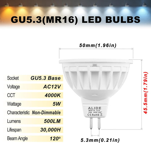 ALIDE MR16 50W Led Bulbs Replacement,5W MR16 GU5.3 Bi-Pin 4000K Natural White,Wide Angle 120 Degree Beam,12V MR16 LED Bulb for Overhead Tracking F...