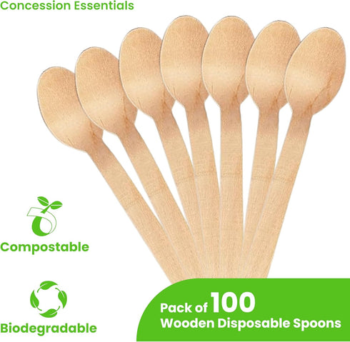 Concession Essentials Disposable Wooden Cutlery Spoons, Compostable and Earth Friendly, 6.25 Inch Length - Pack of 100 Spoons...