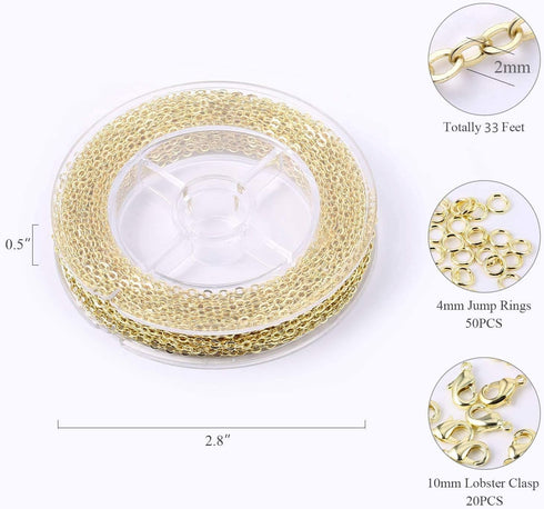 ALEXCRAFT 33 Feet 2MM 14K Gold Plated Cable Link Chain Rolls for Jewelry Making with Lobster Clasps and Jump Rings (Tarnish-Resistant)...