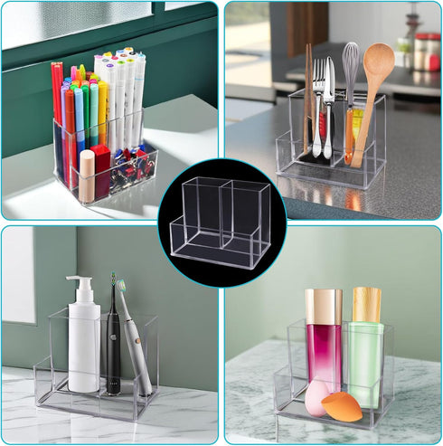 Desktop Clear Pen Holder with 3 Compartments, Acrylic Pencil Holders, Desk Organizers and Accessories...