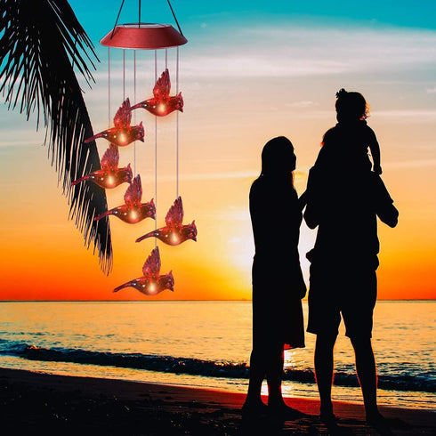 Solar Red Bird Wind Chimes, Color Changing Solar Powered Red Cardinal Bird Wind Chime Wind Moblie LED Light, Mobile Hanging Wind Chimes Portable O...
